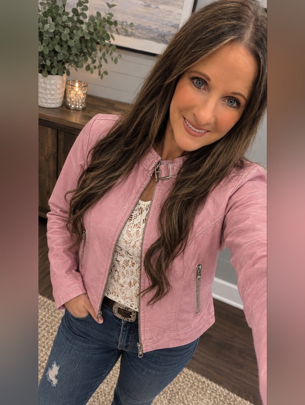 Women’s Pink Faux Leather Moto Jacket – Zip Pockets – Stylish & Chic